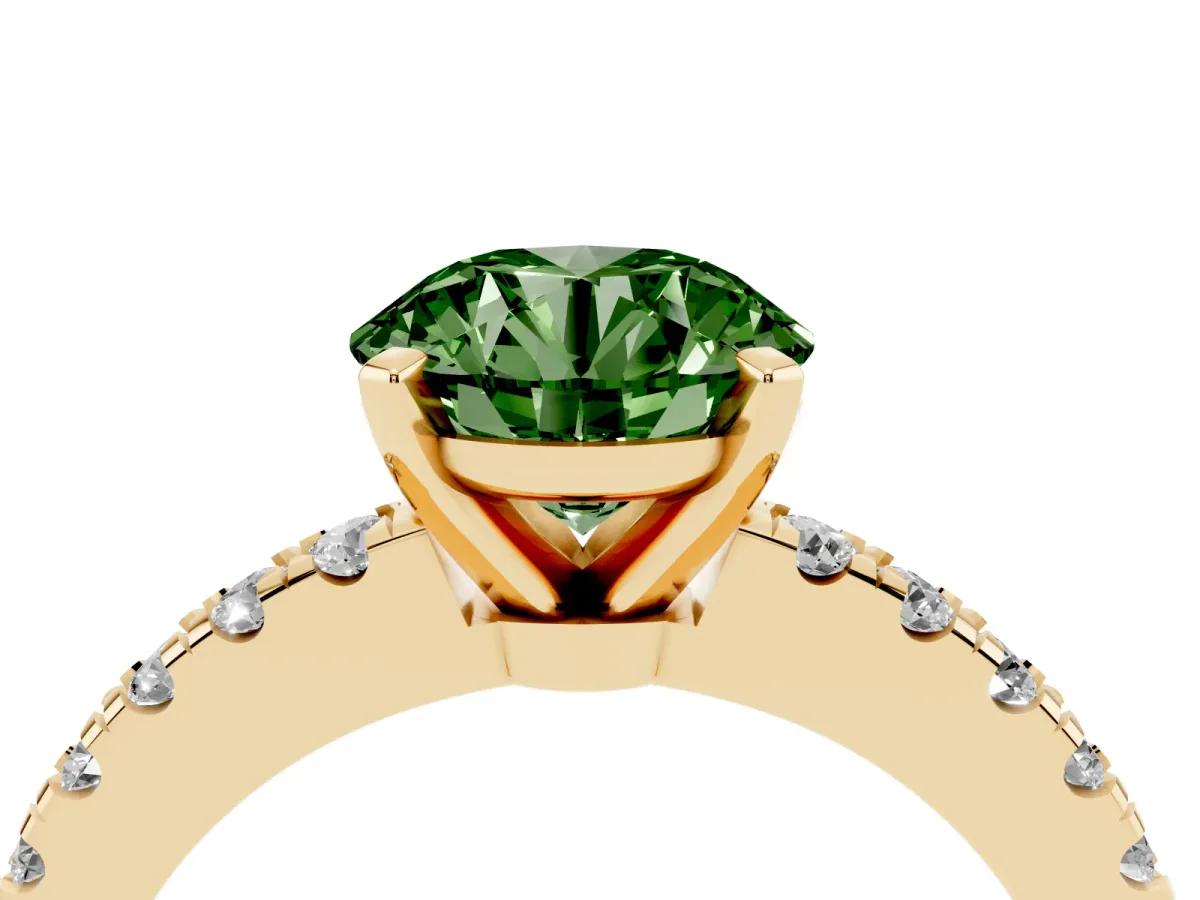 Fancy Green Round Cut Solitaire Diamond with Pavé Band and Four-Prong Setting Yellow gold