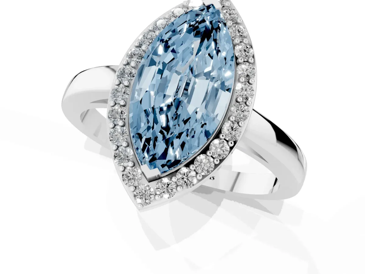Fancy Blue Marquise Cut Halo Diamond Ring with Solitaire Band and Prong Setting Platinum