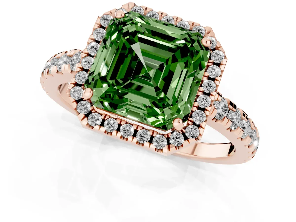 Fancy Green Asscher Cut Diamond Halo Ring with Pavé Band and Four-Prong Setting Rose gold