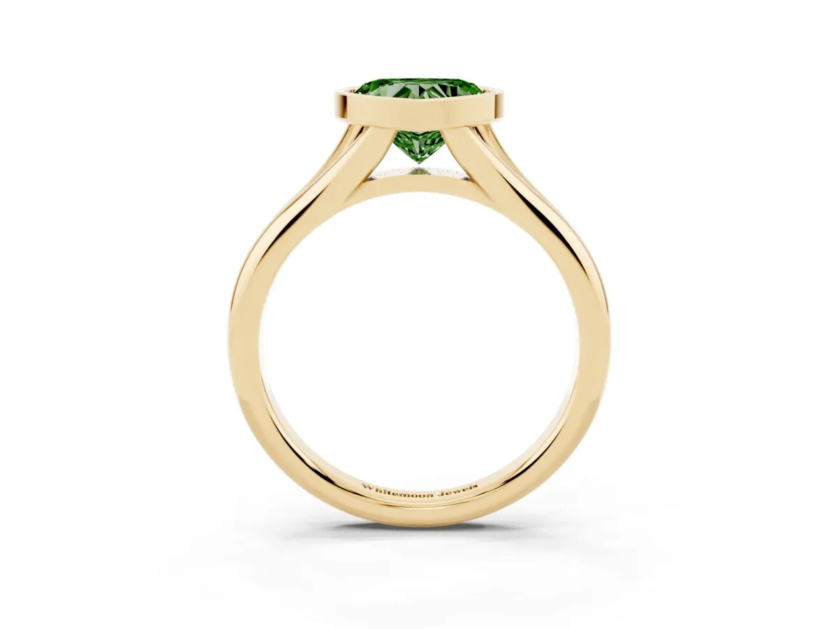 Fancy Green Bezel Set Heart Cut Solitaire Diamond Ring with Smooth Band Yellow gold