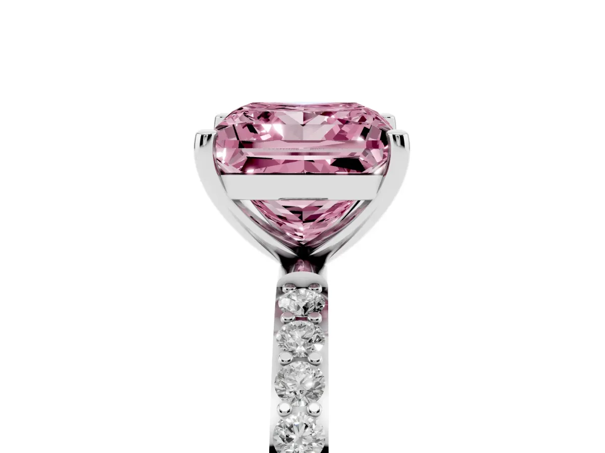 Fancy Pink Princess Cut Diamond Solitaire Ring with Round Pavé Shoulders and Prong Setting Silver