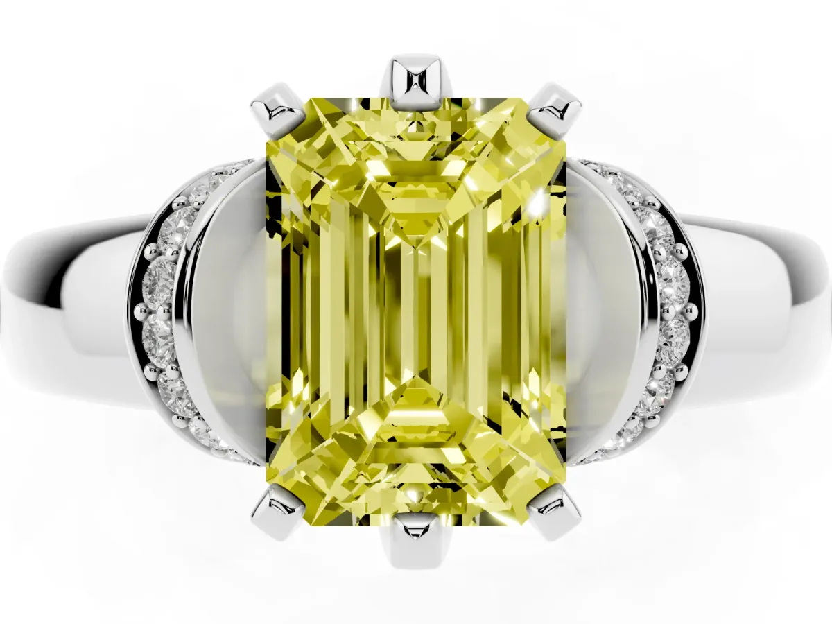 Fancy Yellow Emerald Cut Solitaire Diamond Ring with Pave Band and Six-Prong Setting Platinum