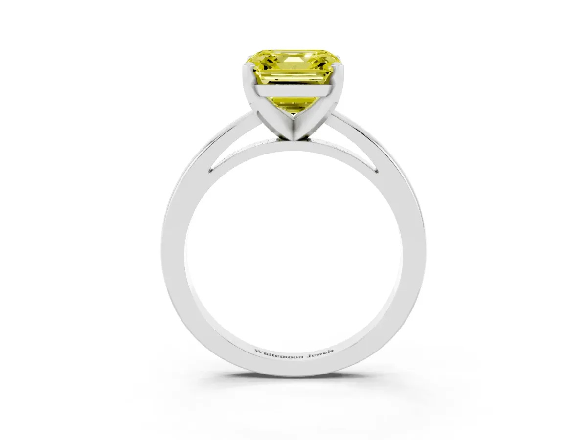 Fancy Yellow Asscher Cut Solitaire Diamond Engagement Ring with Four-Prong Setting on a Classic Band Platinum