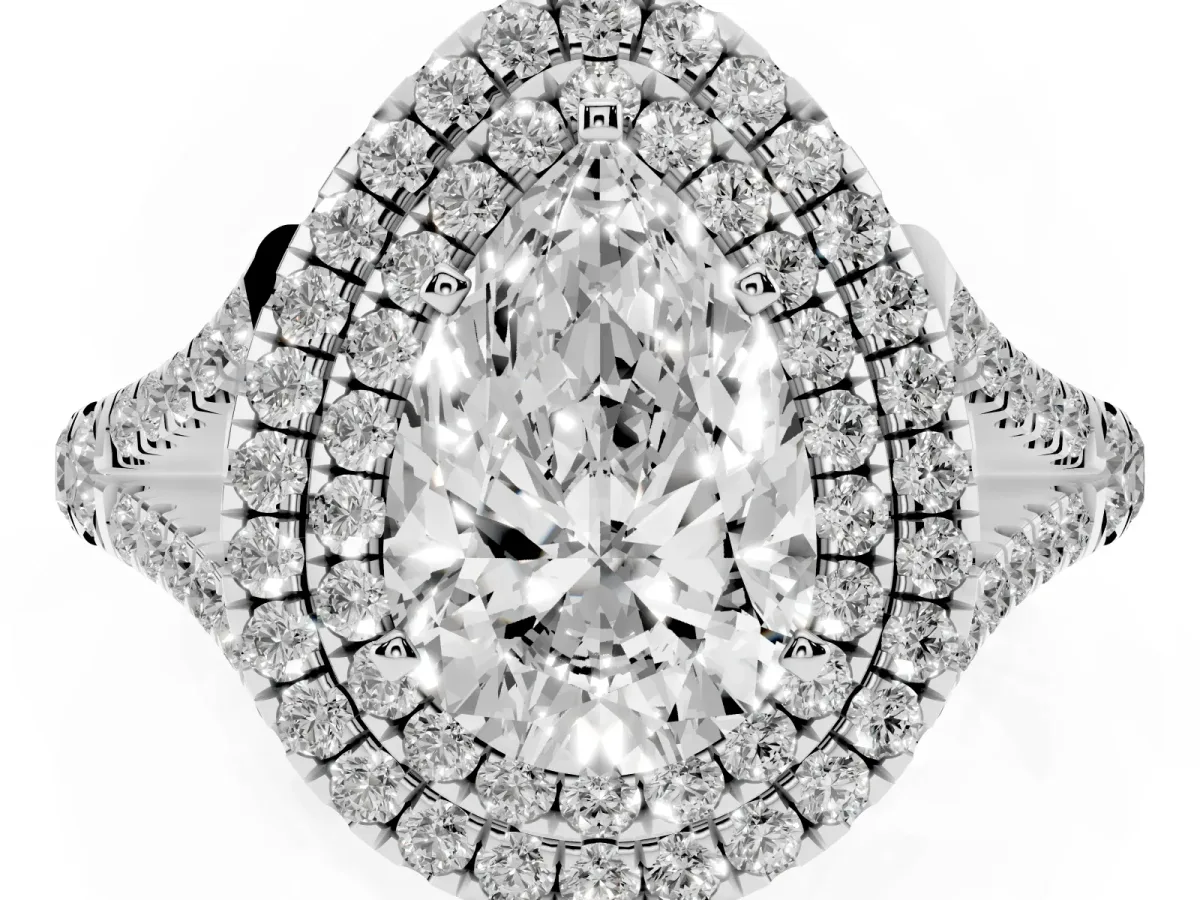 Pear Cut Diamond Double Halo Ring with Split Shank and Prong Setting White gold
