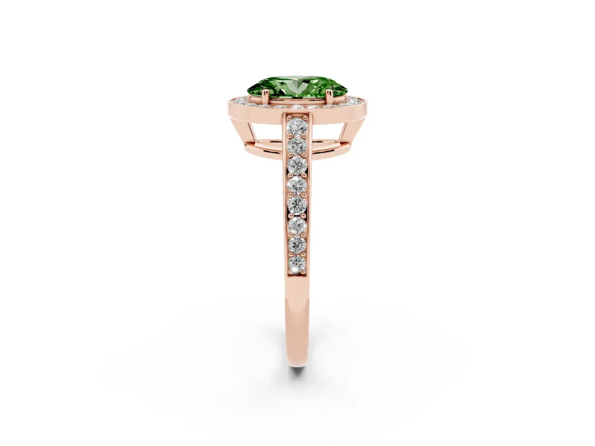 Fancy Green Oval Cut Halo Pavé Diamond Engagement Ring with Bezel Setting Rose gold