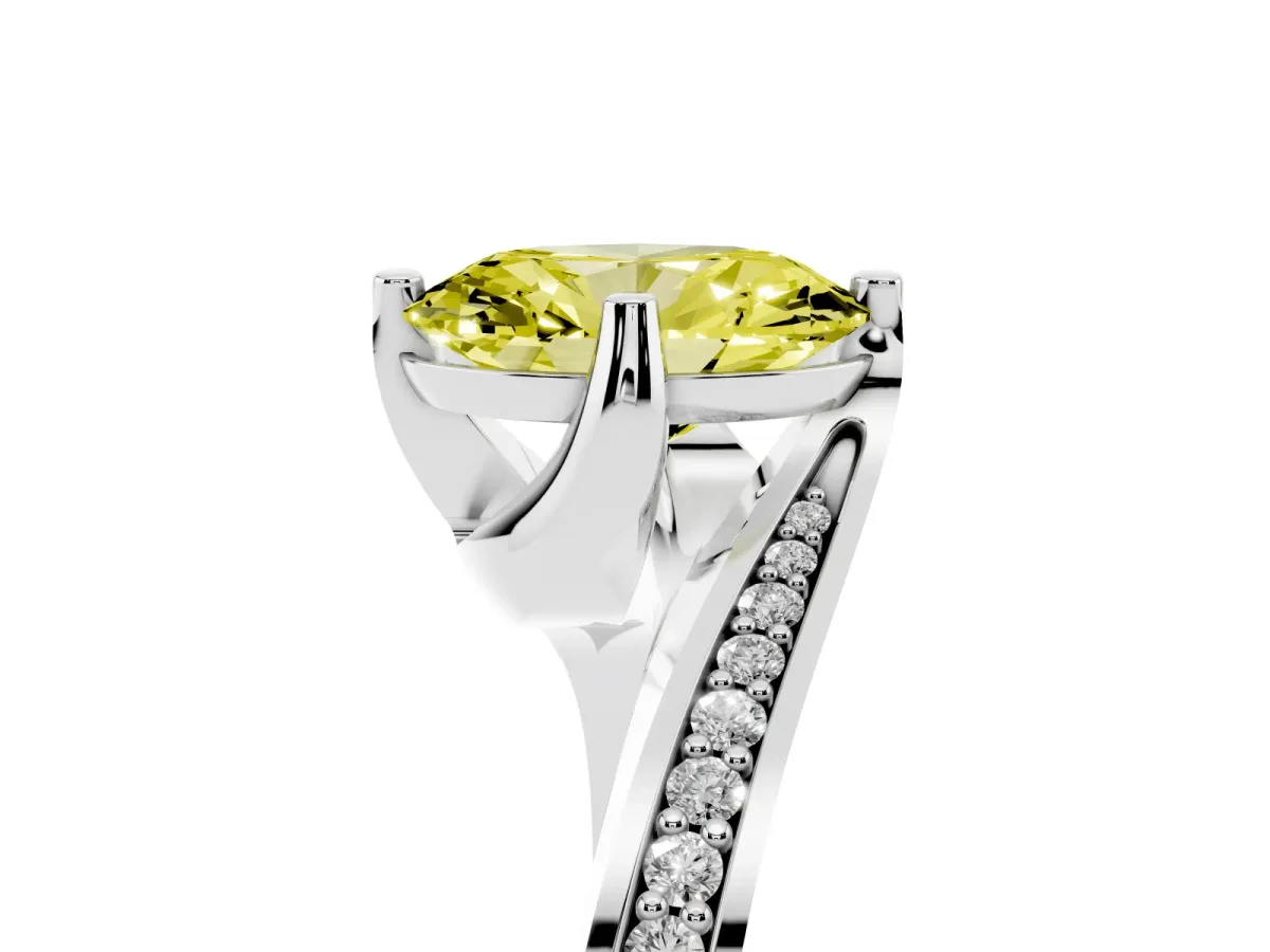 Fancy Yellow Oval Cut Solitaire Diamond Twist Band with Pavé Setting and Four-Prong Setting Platinum