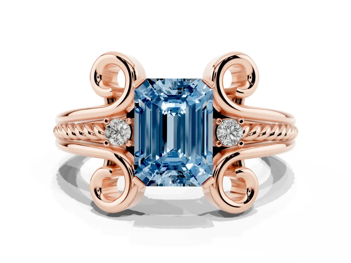 Fancy Blue Emerald Cut Solitaire Twisted Band Scroll Prong Ring Rose gold