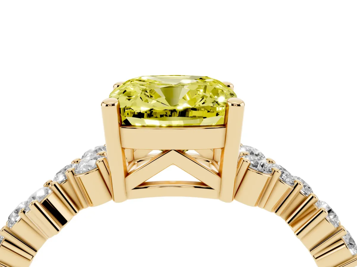 Fancy Yellow Cushion Cut Diamond Scattered Round Accent Ring with Prong Setting Yellow gold