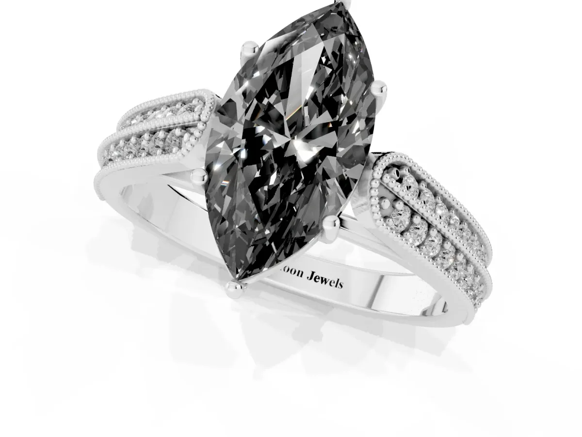 Fancy Black Marquise Cut Cut Pave Split Shank Engagement Ring with Four-Prong Setting White gold