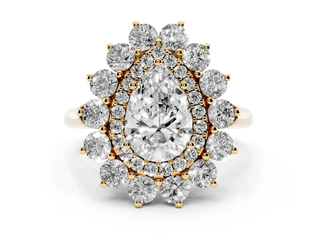 Pear Cut Diamond Floral Double Halo Engagement Ring with Prong Setting Yellow gold