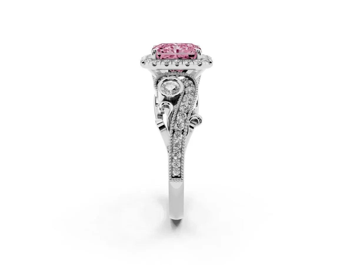 Fancy Pink Radiant Cut Diamond Halo Ring with Milgrain Pavé Band and Four-Prong Setting Platinum
