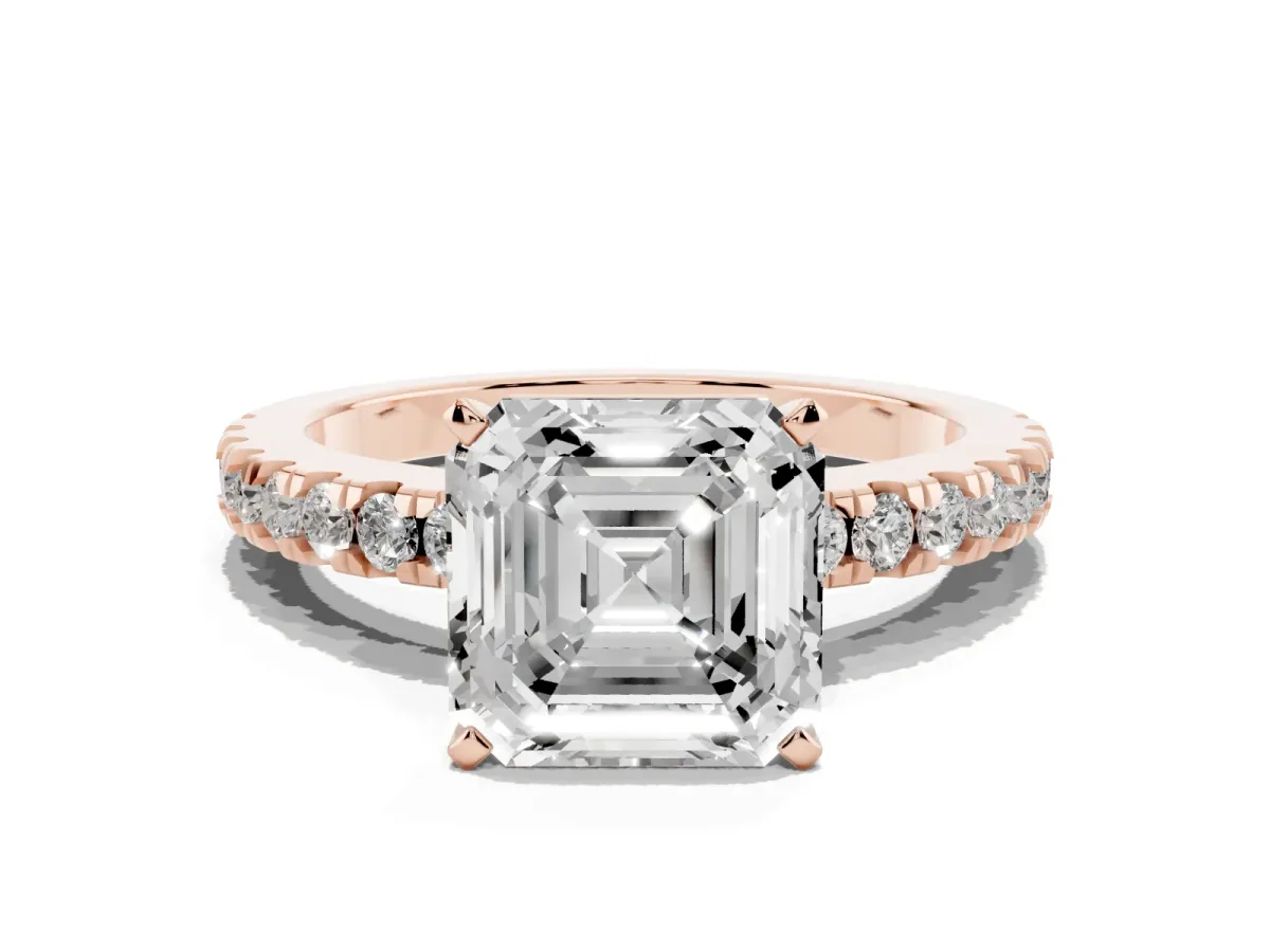 Asscher Cut Solitaire Diamond with Pavé Band and Four-Prong Setting Rose gold