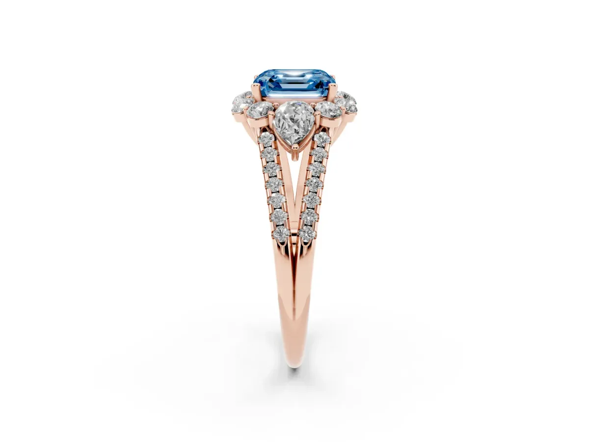 Fancy Blue Asscher Cut Halo Split Shank Diamond Engagement Ring with Prong Setting Rose gold