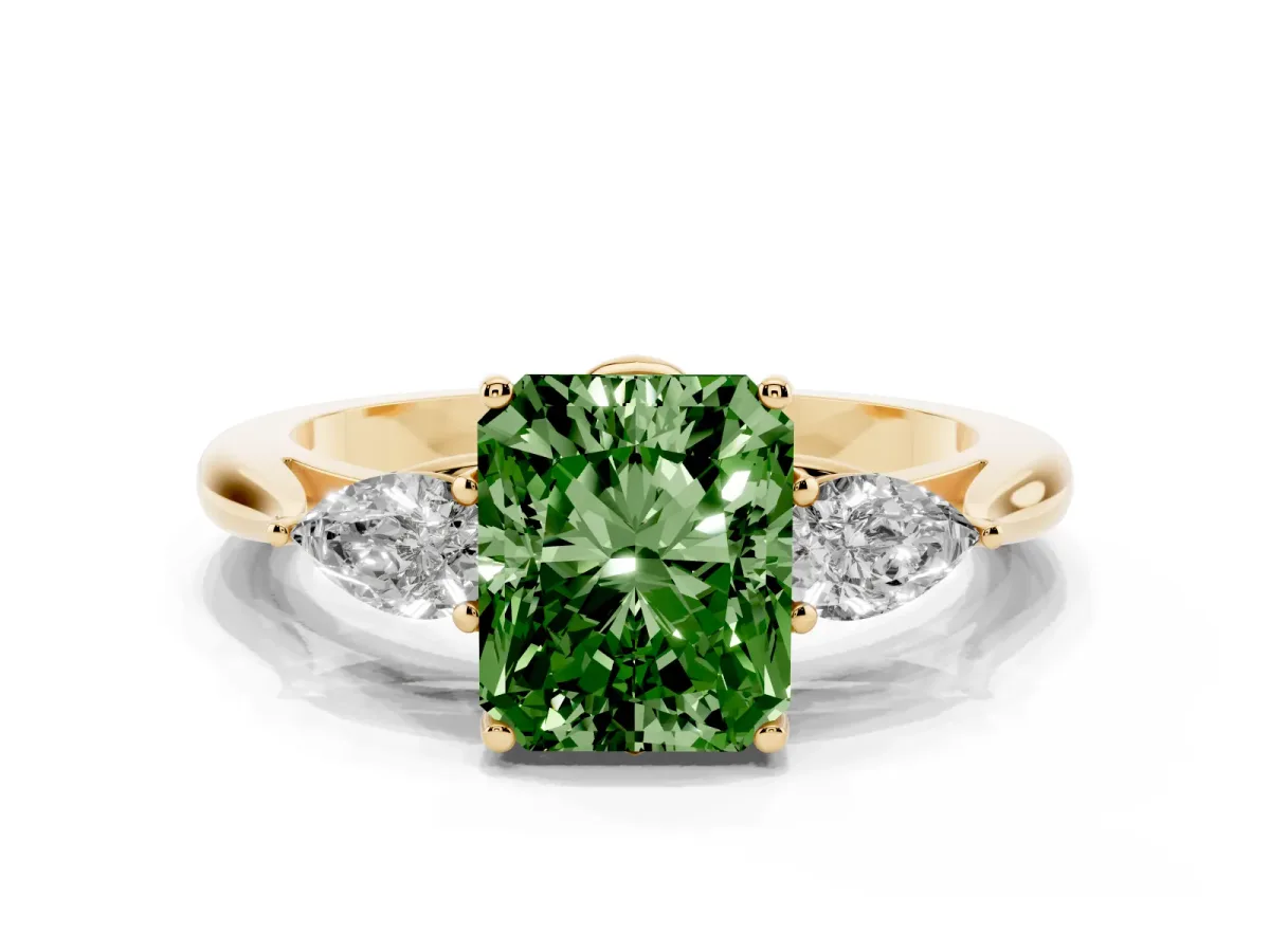 Fancy Green Radiant Cut Diamond Three-Stone Ring with Pear Side Stones and Prong Setting Yellow gold