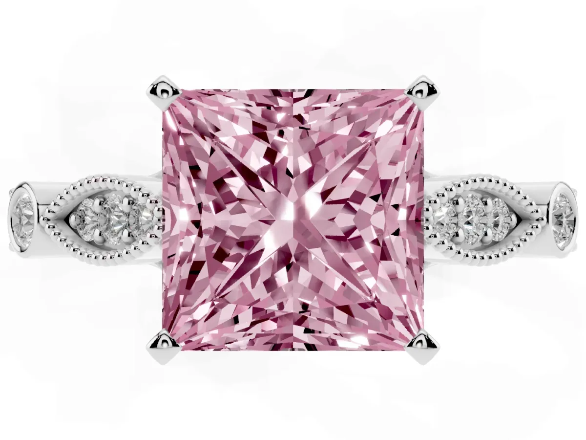 Fancy Pink Princess Cut Cut Diamond with Milgrain Marquise and Bezel Accents on a Solitaire Band with Prong Setting White gold