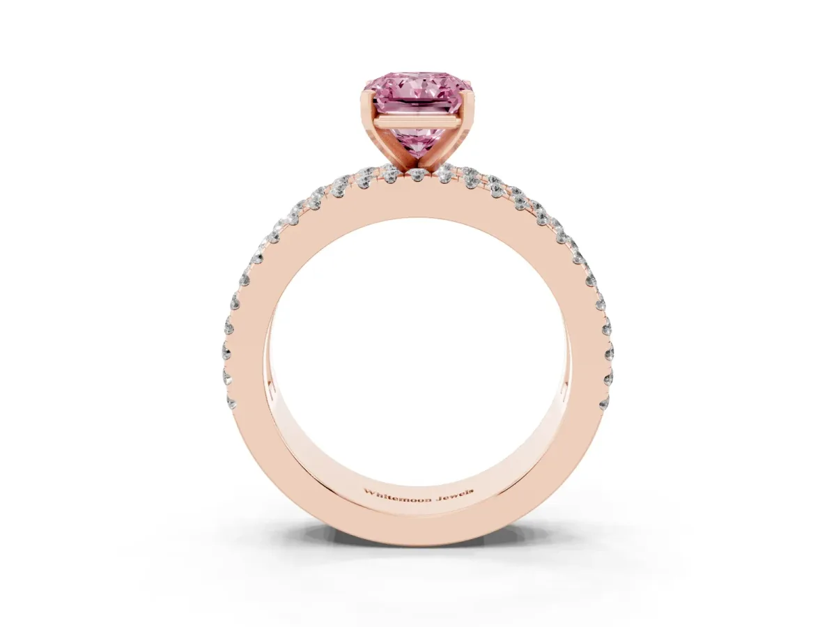 Fancy Pink Radiant Cut Diamond Solitaire Ring with Pavé and Channel Set Band Rose gold