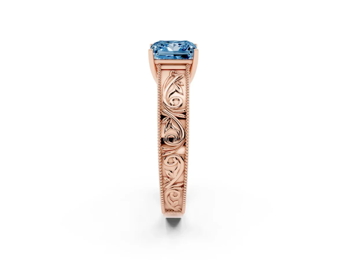 Fancy Blue Princess Cut Diamond Solitaire Ring with Engraved Band and Four-Prong Setting Rose gold