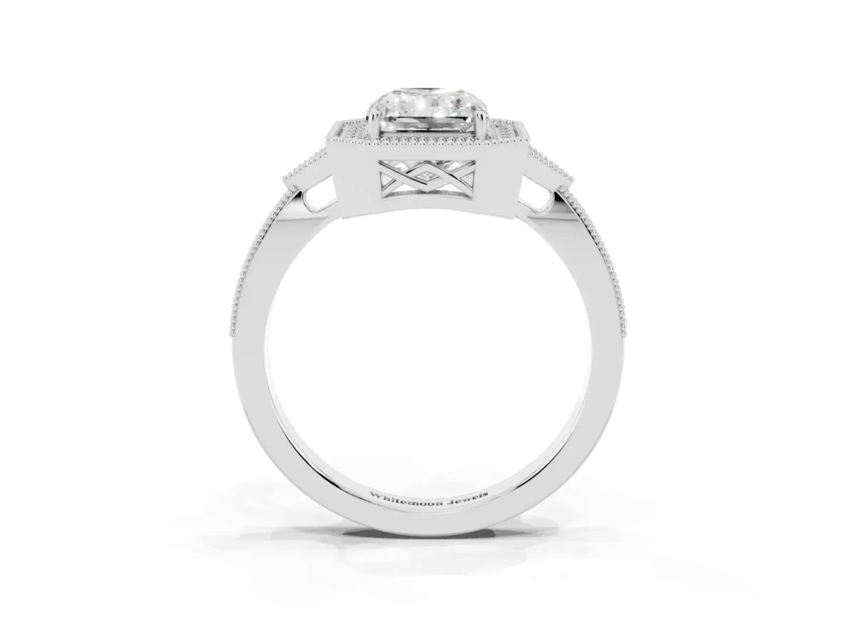 Radiant Cut Halo Round Diamond Milgrain Pave Engagement Ring Silver