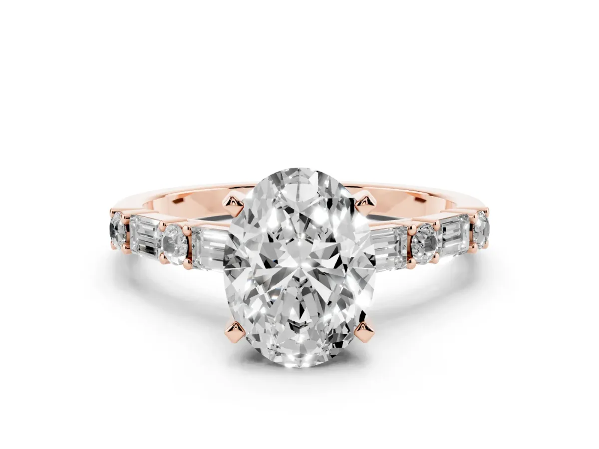 Oval Cut Diamond Solitaire with Side Baguettes and Channel Set Band Rose gold