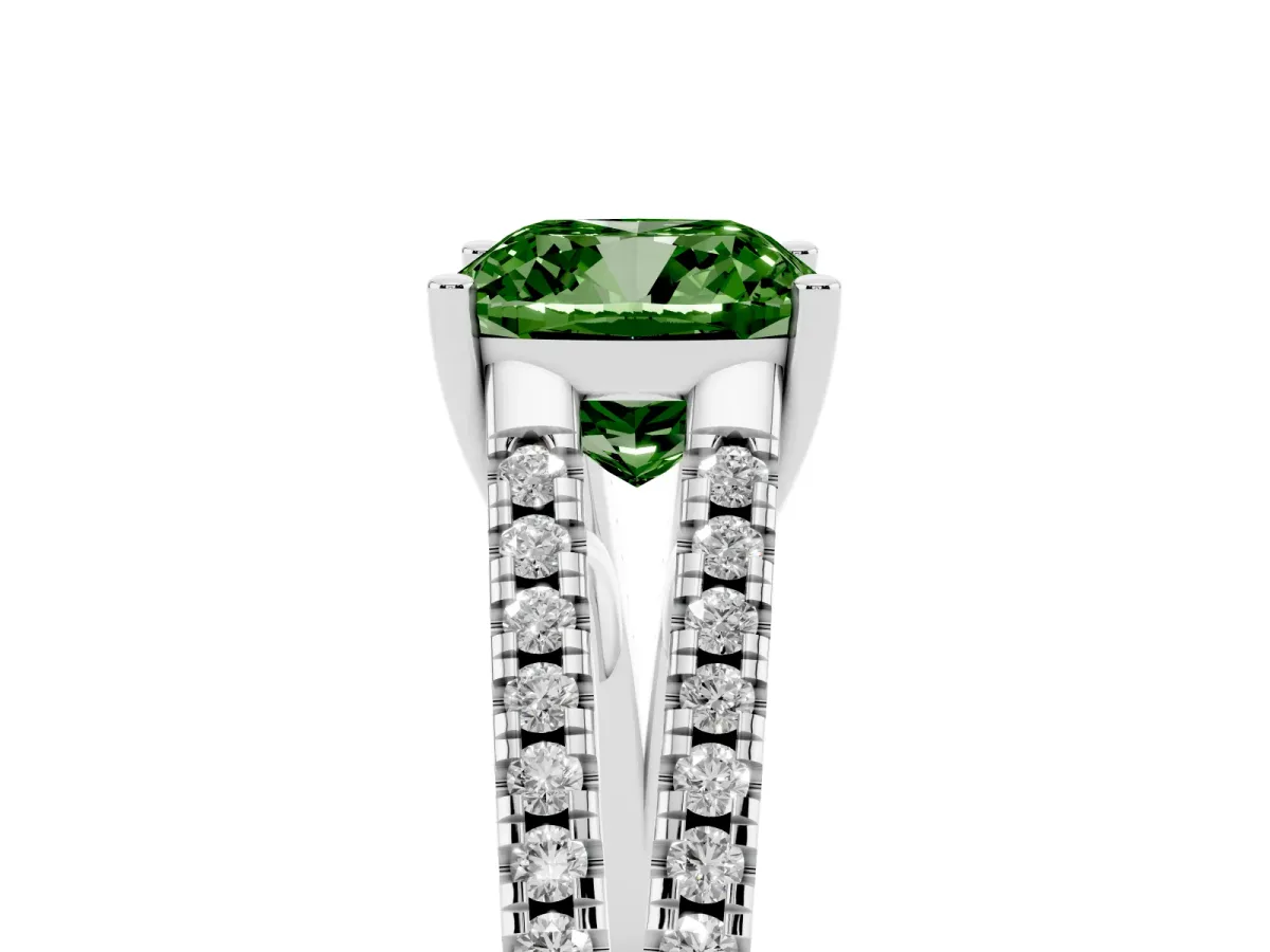 Fancy Green Cushion Cut Diamond Solitaire Engagement Ring with Split Shank Pavé Band Silver