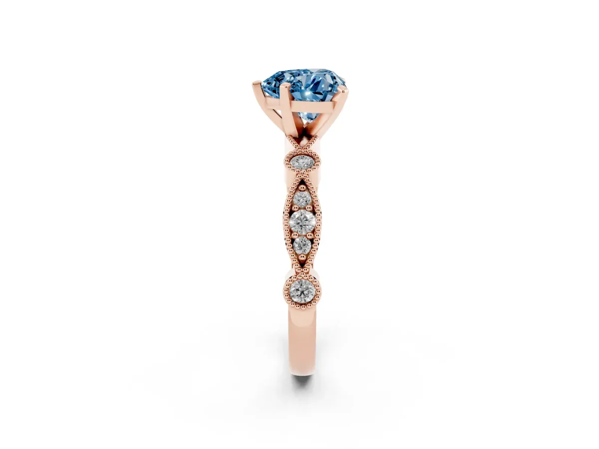 Fancy Blue Heart Cut Milgrain Bezel Diamond Engagement Ring with Solitaire Prong Setting Rose gold