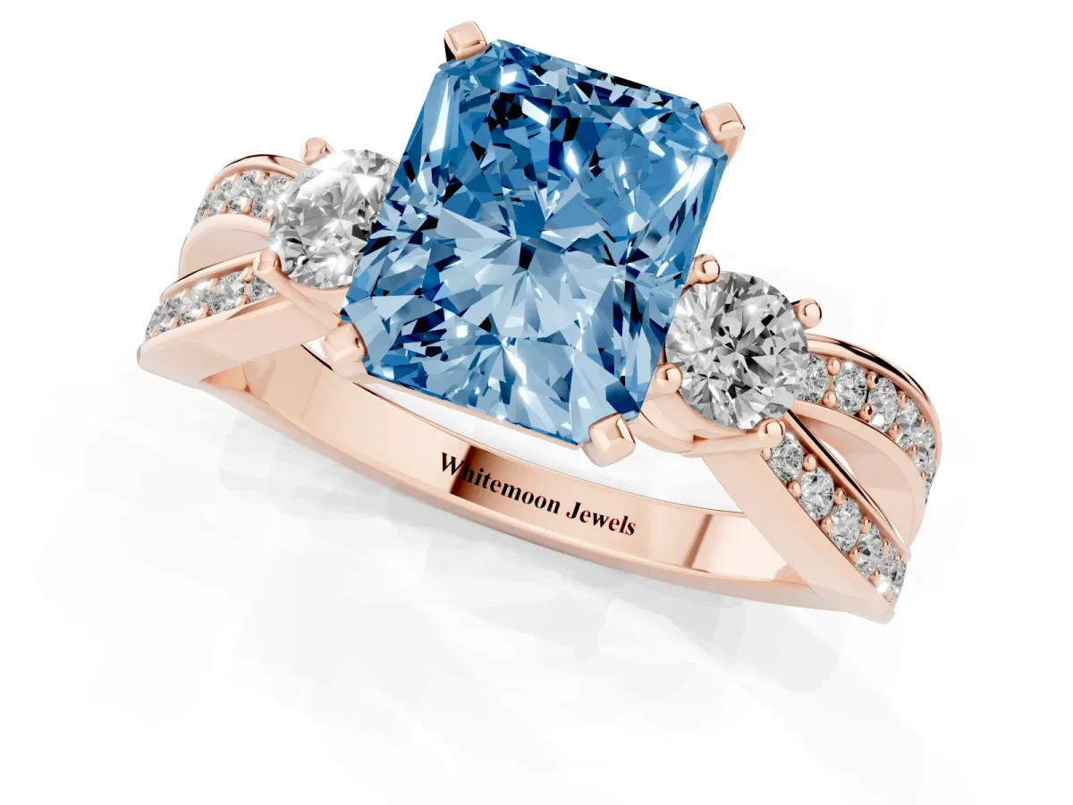 Fancy Blue Three-Stone Radiant Cut Cut Diamond Twist Band with Prong Setting Rose gold