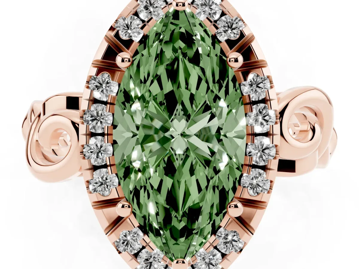 Fancy Green Marquise Cut Cut Halo Diamond Ring with Scrollwork Band and Four-Prong Setting Rose gold