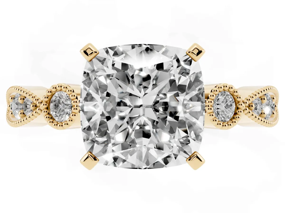 Cushion Cut Milgrain Bezel Diamond Engagement Ring with Solitaire Prong Setting Yellow gold