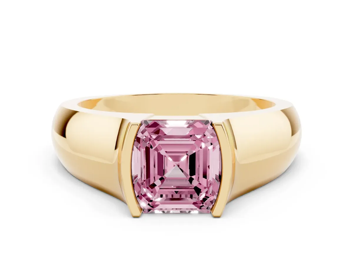 Fancy Pink Asscher Cut Solitaire Bezel Set Diamond Ring with Wide Band Yellow gold