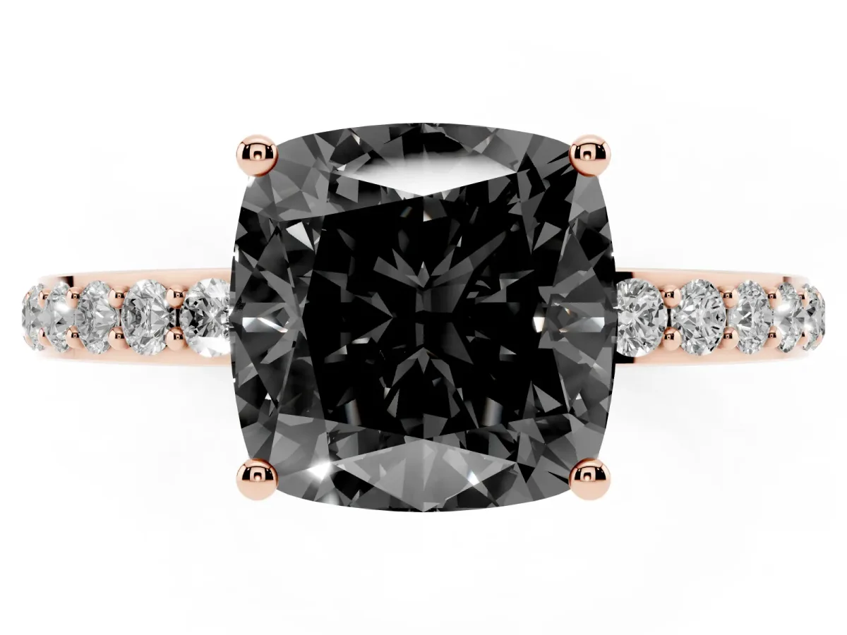 Fancy Black Cushion Cut Diamond Solitaire Ring with Pavé Band and Hidden Halo Rose gold