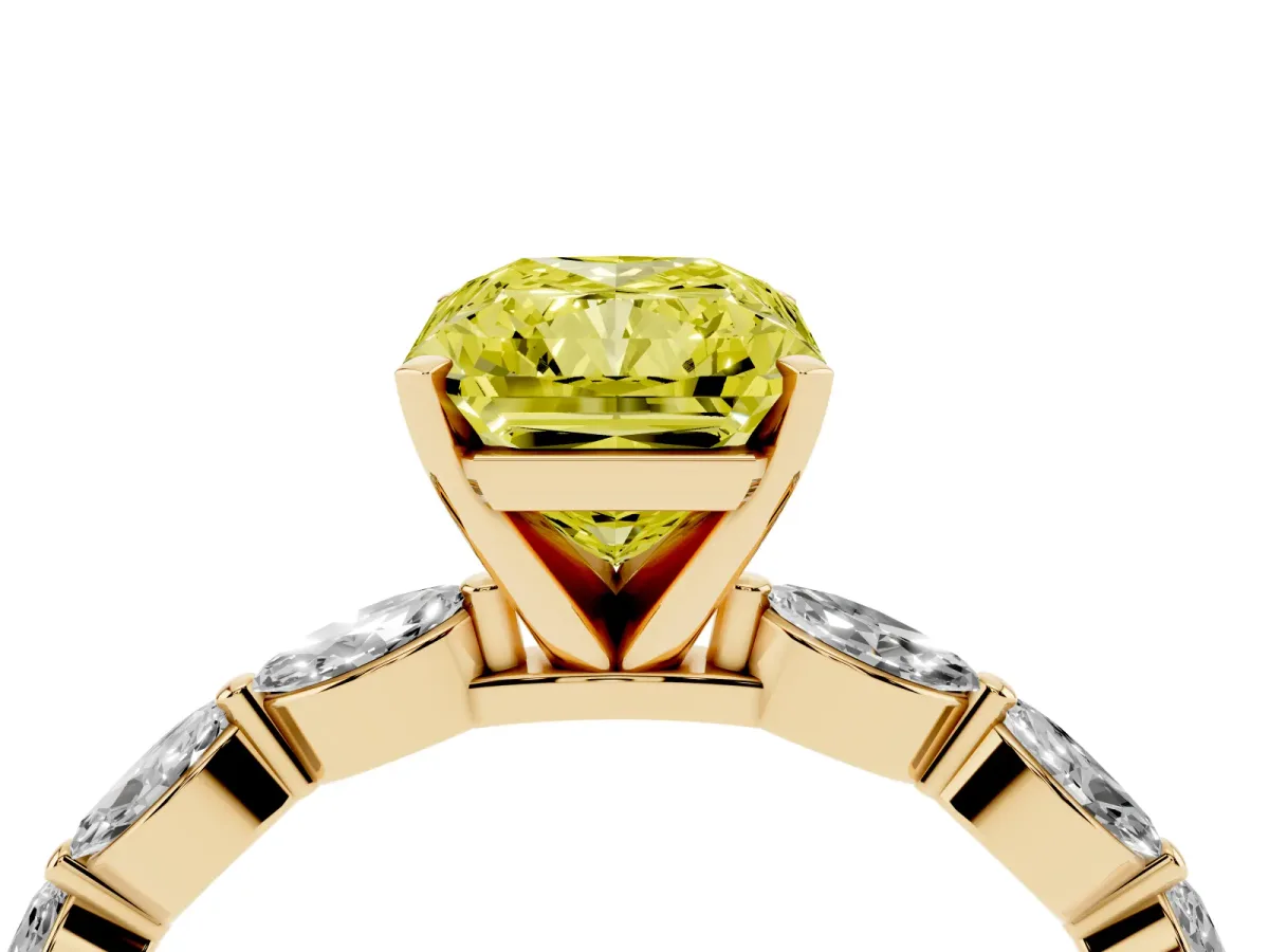 Fancy Yellow Radiant Cut Diamond Ring with Marquise Side Stones and Prong Setting Yellow gold