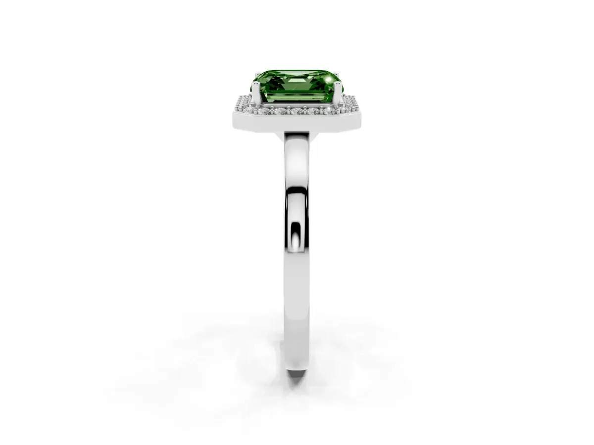 Fancy Green Asscher Cut Halo Diamond Ring with Solitaire Band and Prong Setting Platinum