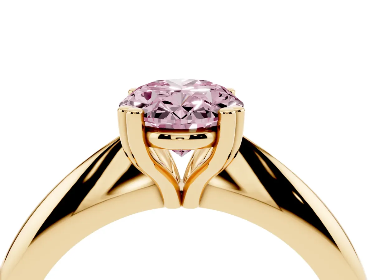Fancy Pink Oval Cut Cut Solitaire Engagement Ring with Tapered Band and Four-Prong Setting Yellow gold