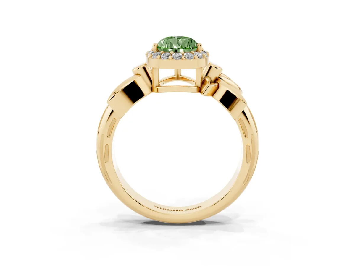 Fancy Green Pear Cut Halo Diamond Floral Band with Four-Prong Setting Yellow gold