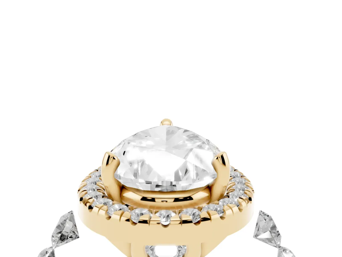Pear Cut Halo Pavé Diamond Engagement Ring with Four-Prong Setting Yellow gold