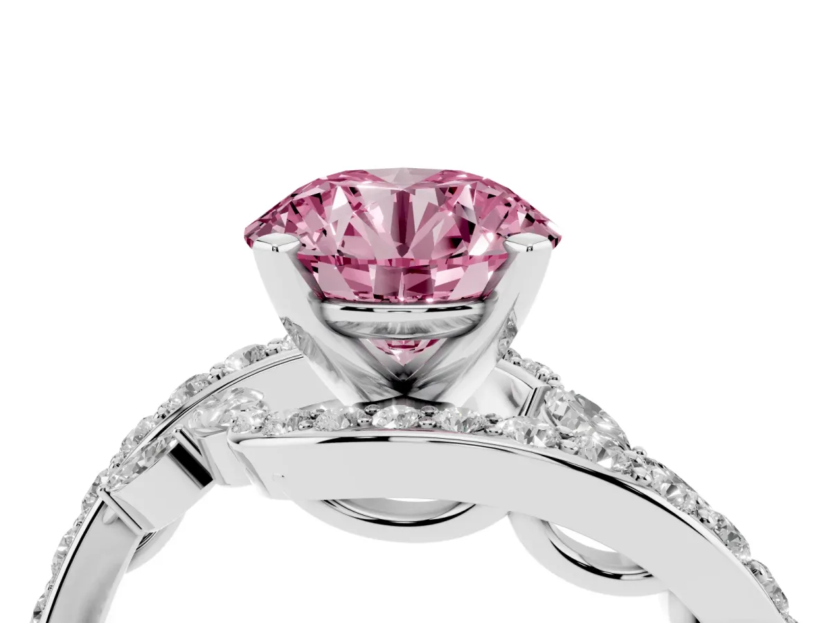 Fancy Pink Round Cut Solitaire with Pavé Twist Band and Four-Prong Setting Silver