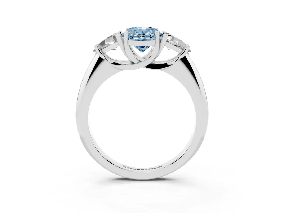 Fancy Blue Three-Stone Oval Cut Diamond Engagement Ring with Trillion Side Stones and Prong Setting Silver