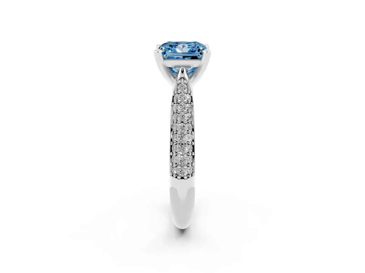 Fancy Blue Princess Cut Diamond Solitaire Engagement Ring with Multi-Row Round Pavé Band and Prong Setting White gold
