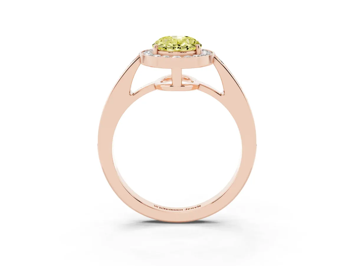 Fancy Yellow Oval Cut Halo Pavé Diamond Engagement Ring with Bezel Setting Rose gold