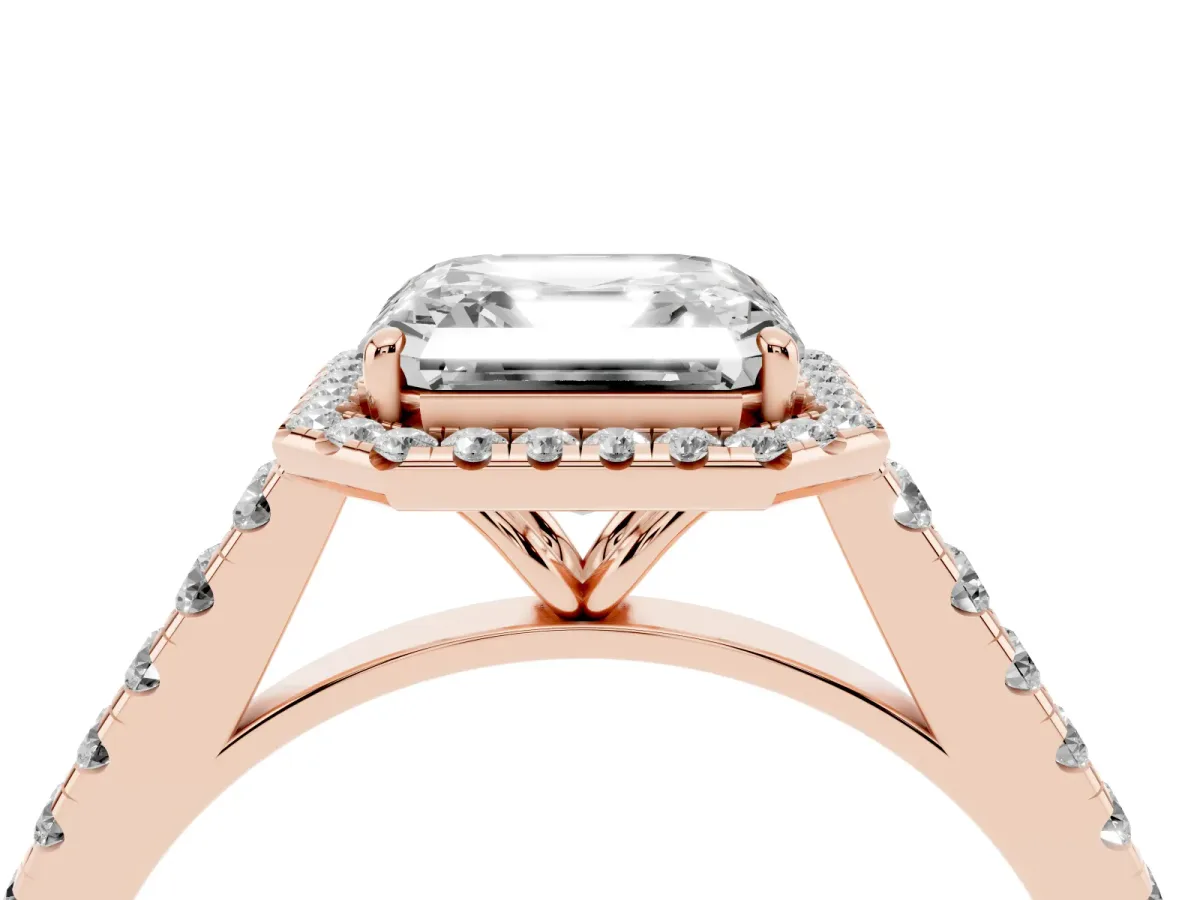 Asscher Cut Halo Pave Diamond Engagement Ring with Four-Prong Setting Rose gold