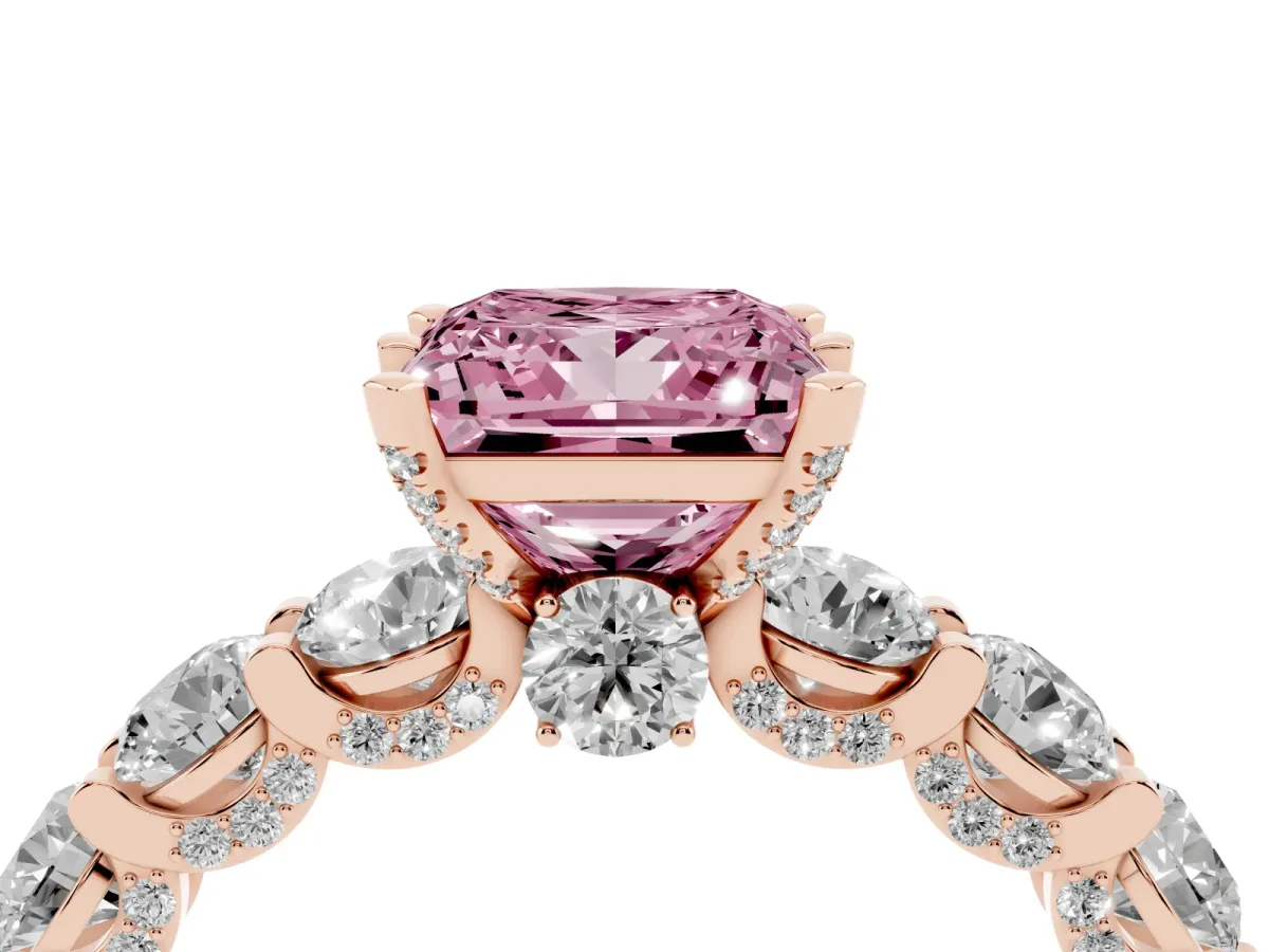 Fancy Pink Princess Cut Diamond Side Stone Engagement Ring with Four-Prong Setting Rose gold