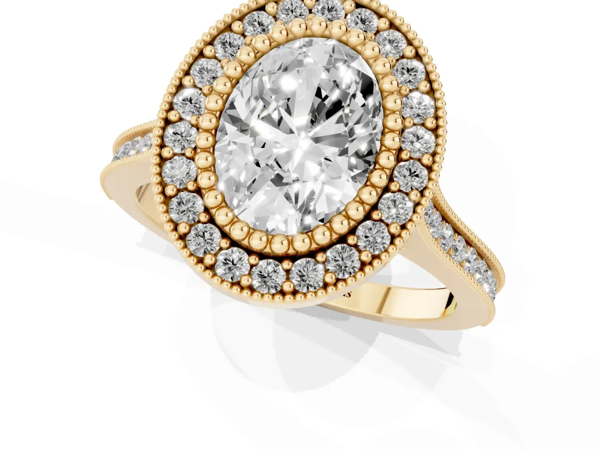 Oval Cut Diamond Halo Ring with Milgrain Frame and Pavé Band Yellow gold