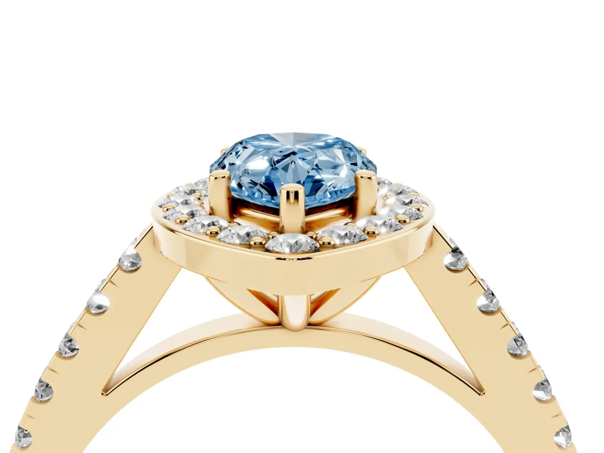 Fancy Blue Pear Cut Diamond Halo Ring with Round Pavé Split Shank and Prong Setting Yellow gold