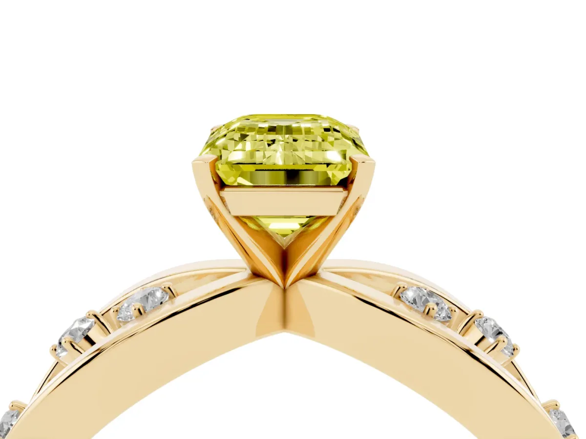 Fancy Yellow Emerald Cut Cut Solitaire Diamond with Side Stones on Criss-Cross Band and Four-Prong Setting Yellow gold