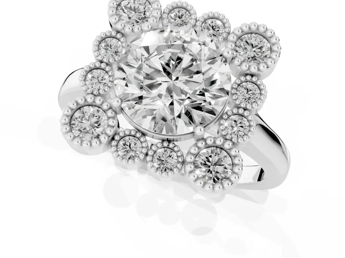 Round Cut Halo Diamond Cluster Engagement Ring with Milgrain Bezel Setting and Solitaire Band White gold