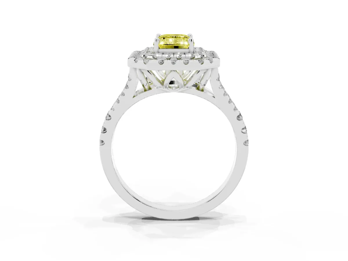 Fancy Yellow Double Halo Emerald Cut Diamond Pavé Split Shank Ring with Prong Setting White gold