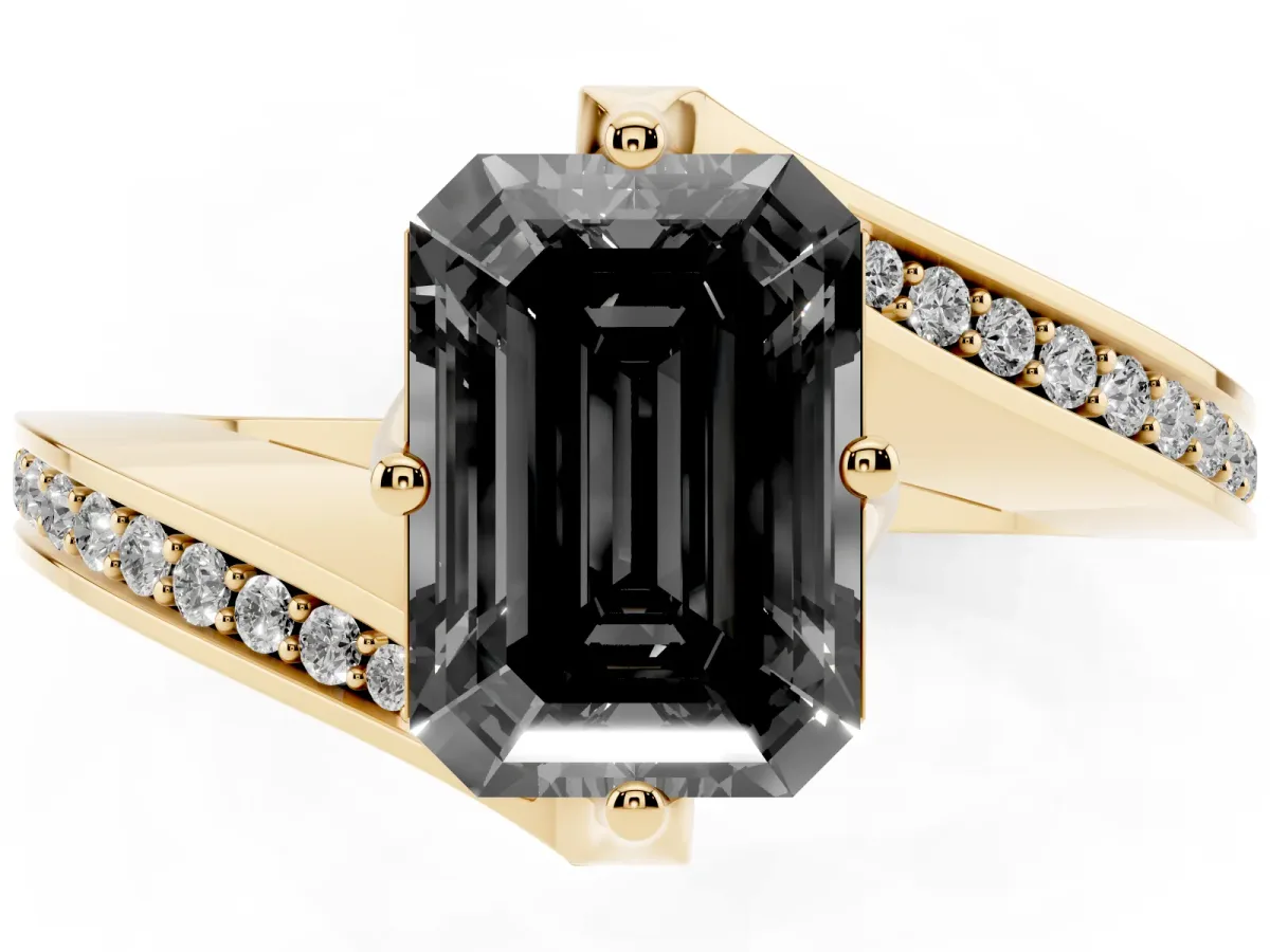 Fancy Black Emerald Cut Solitaire Diamond Twist Band with Pavé Setting and Four-Prong Setting Yellow gold