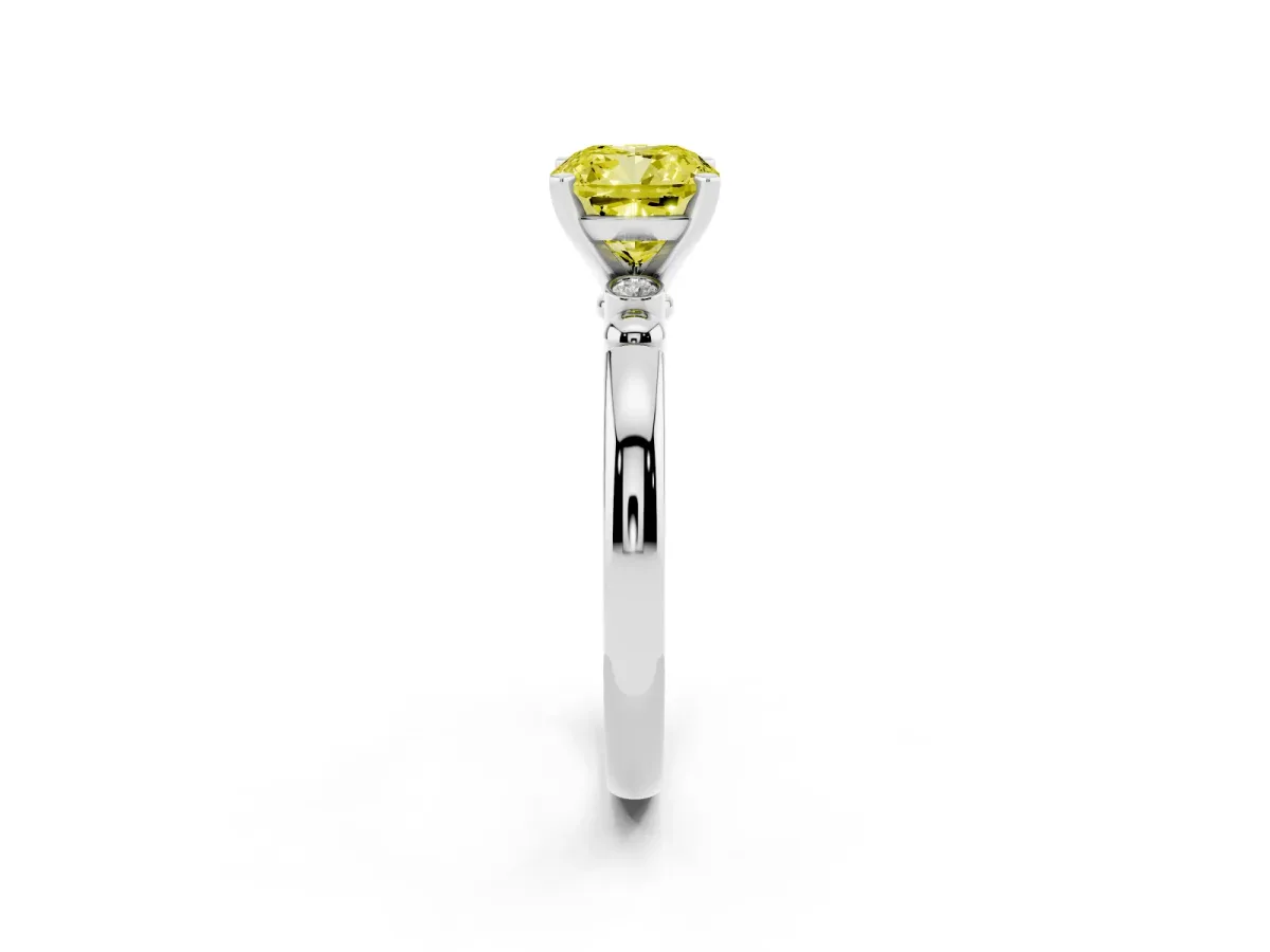Fancy Yellow Cushion Cut Solitaire Beaded Band with Four-Prong Setting Silver