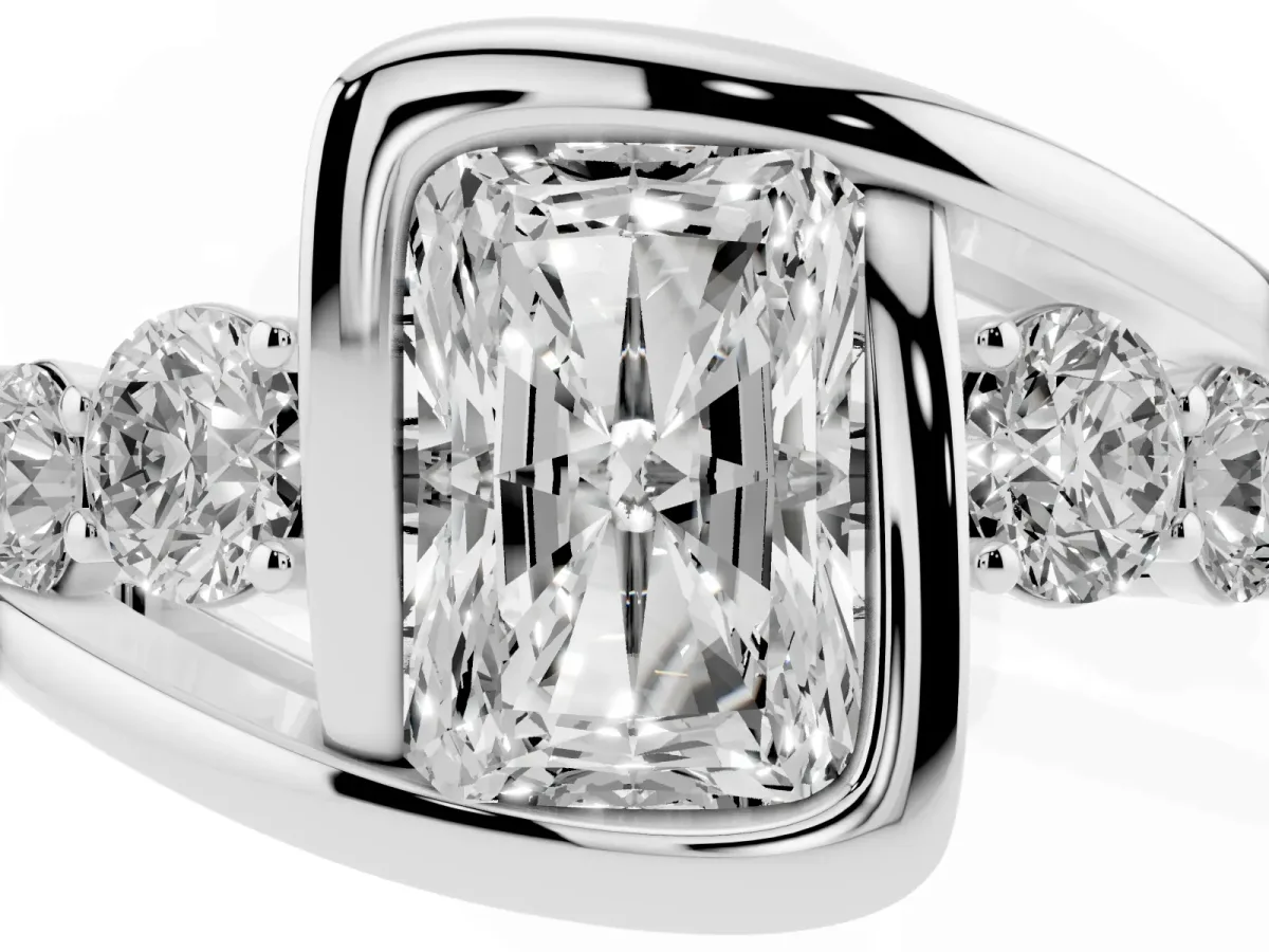 Bezel Set Radiant Cut Diamond Bypass Ring with Round Accents Silver