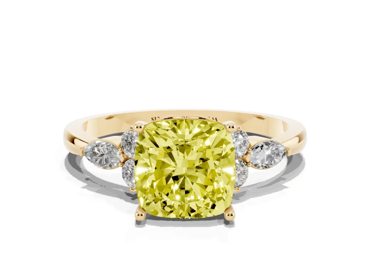 Fancy Yellow Cushion Cut Brilliant Diamond Solitaire Ring with Pear Side Stones and Four-Prong Setting Yellow gold